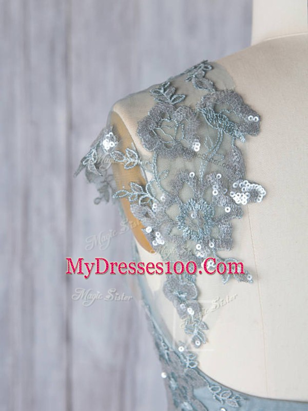 Tulle Scoop Cap Sleeves Zipper Appliques Quinceanera Court of Honor Dress in Grey