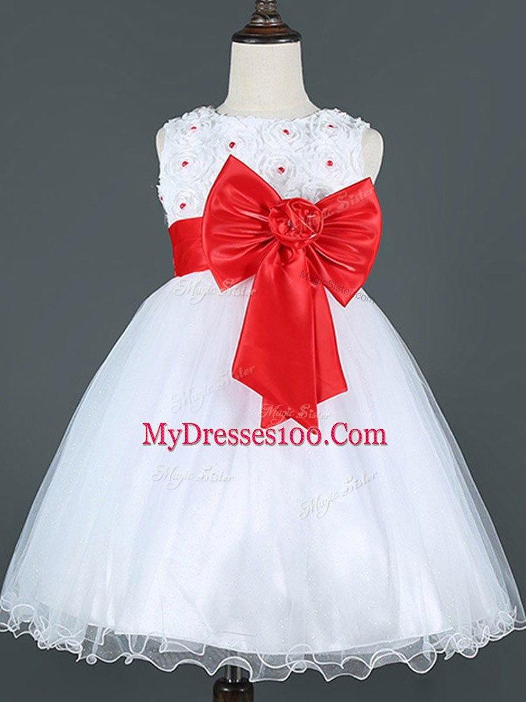 Low Price White Scoop Zipper Bowknot Little Girls Pageant Gowns Sleeveless