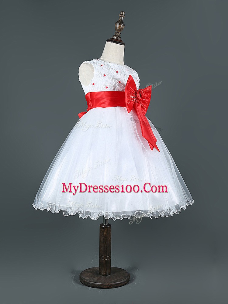 Low Price White Scoop Zipper Bowknot Little Girls Pageant Gowns Sleeveless