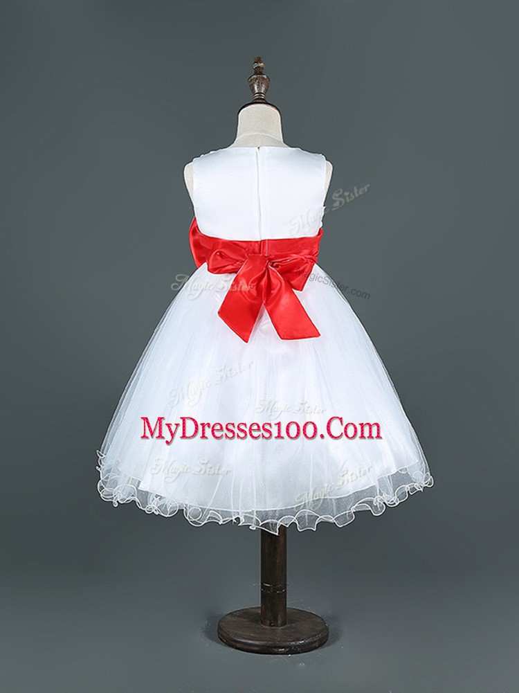 Low Price White Scoop Zipper Bowknot Little Girls Pageant Gowns Sleeveless