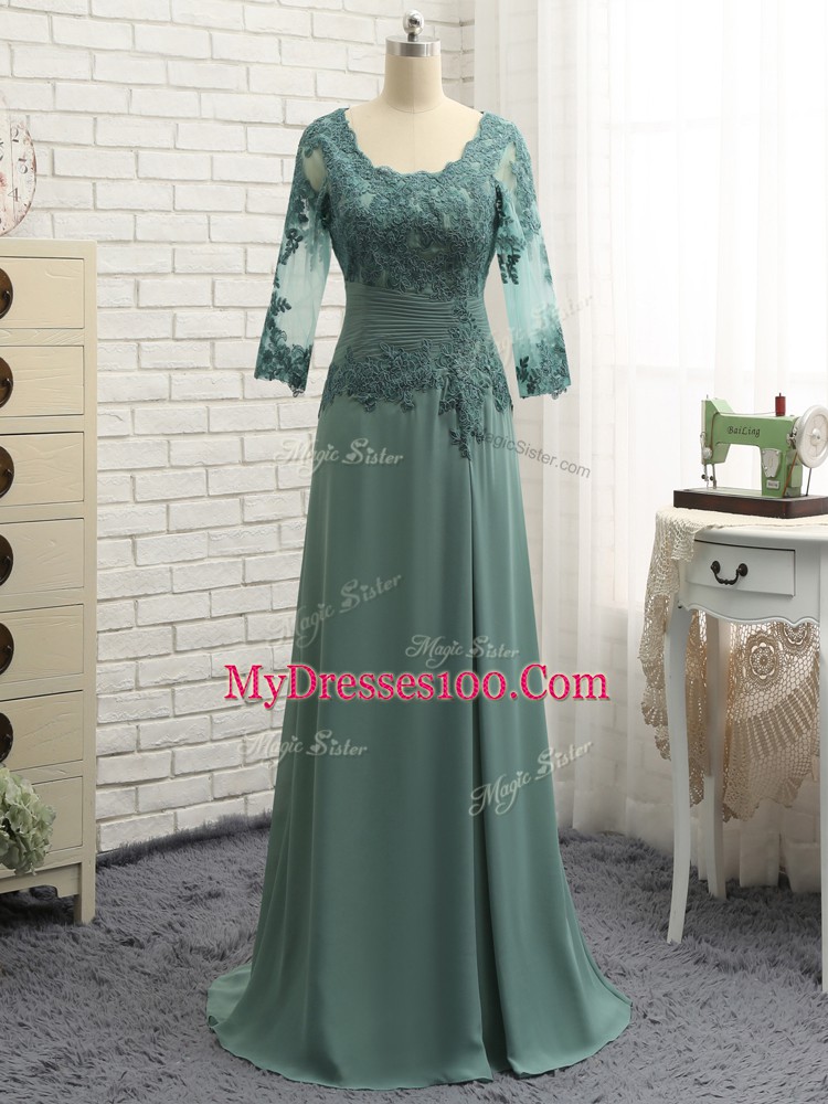 Green Column/Sheath Scalloped Long Sleeves Chiffon Floor Length Zipper Beading and Lace and Appliques Mother Of The Bride Dress