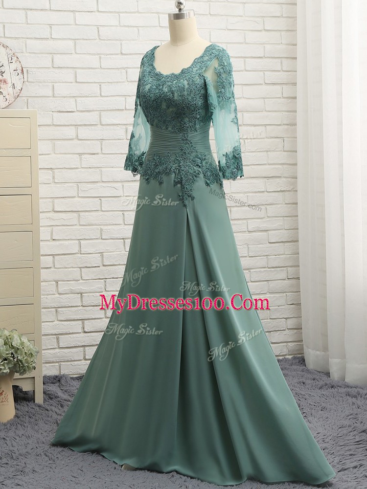 Green Column/Sheath Scalloped Long Sleeves Chiffon Floor Length Zipper Beading and Lace and Appliques Mother Of The Bride Dress