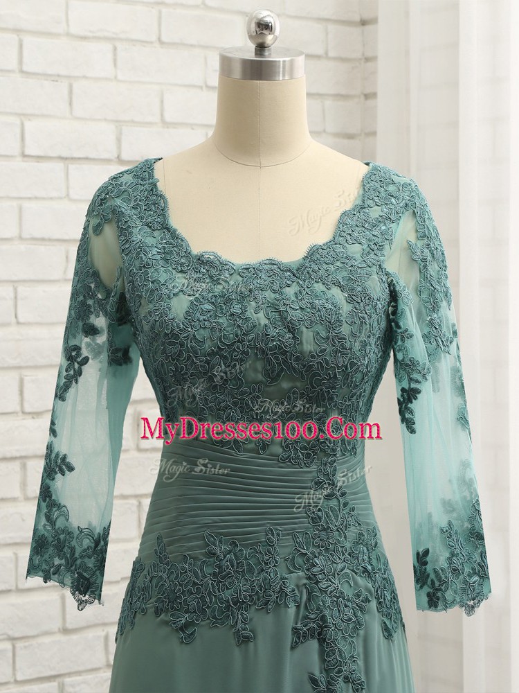 Green Column/Sheath Scalloped Long Sleeves Chiffon Floor Length Zipper Beading and Lace and Appliques Mother Of The Bride Dress