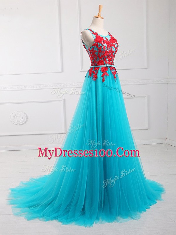 High Quality Aqua Blue Prom Dresses Scoop Sleeveless Brush Train Zipper