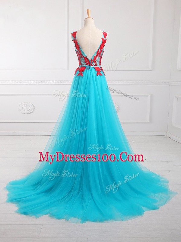 High Quality Aqua Blue Prom Dresses Scoop Sleeveless Brush Train Zipper