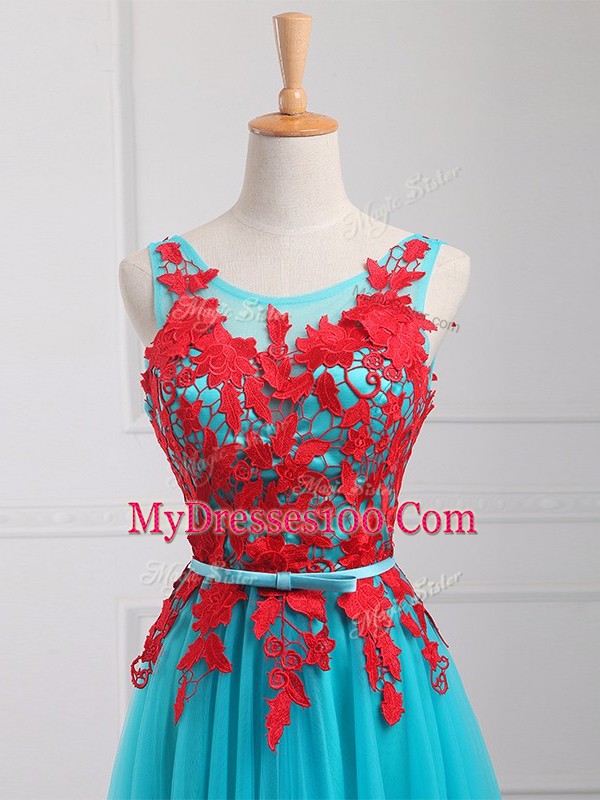 High Quality Aqua Blue Prom Dresses Scoop Sleeveless Brush Train Zipper