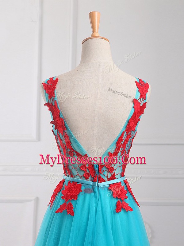 High Quality Aqua Blue Prom Dresses Scoop Sleeveless Brush Train Zipper