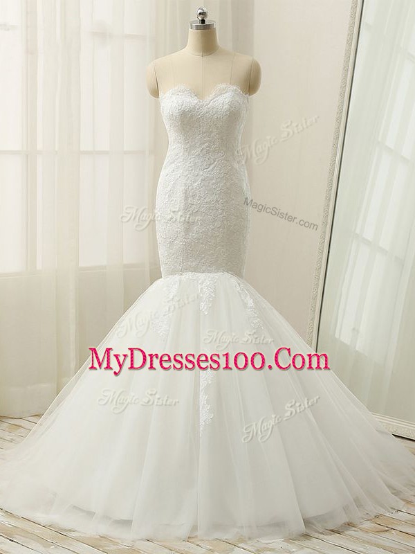 Mermaid Sleeveless White Wedding Gown Brush Train Zipper