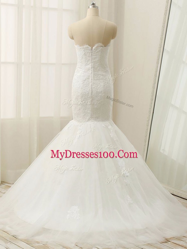 Mermaid Sleeveless White Wedding Gown Brush Train Zipper
