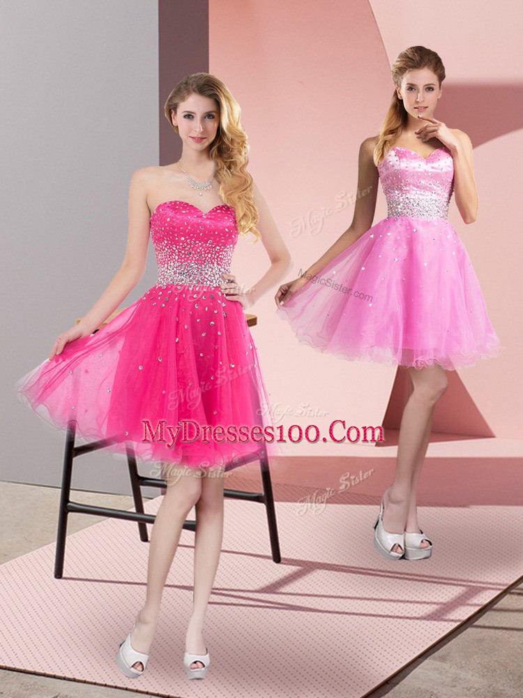 High Class Sleeveless Mini Length Beading Zipper Prom Party Dress with Hot Pink