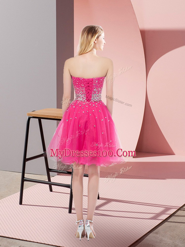High Class Sleeveless Mini Length Beading Zipper Prom Party Dress with Hot Pink
