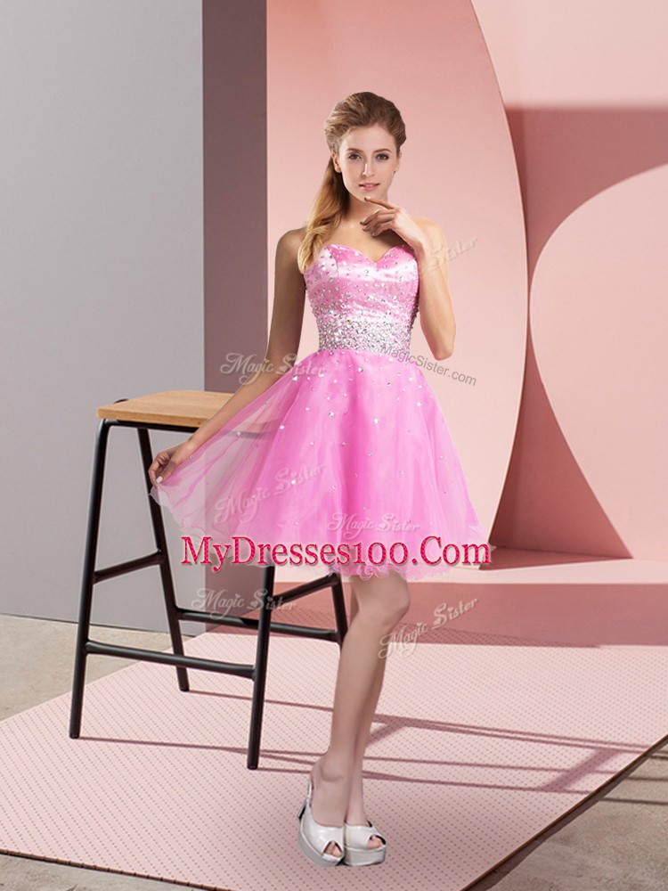 High Class Sleeveless Mini Length Beading Zipper Prom Party Dress with Hot Pink