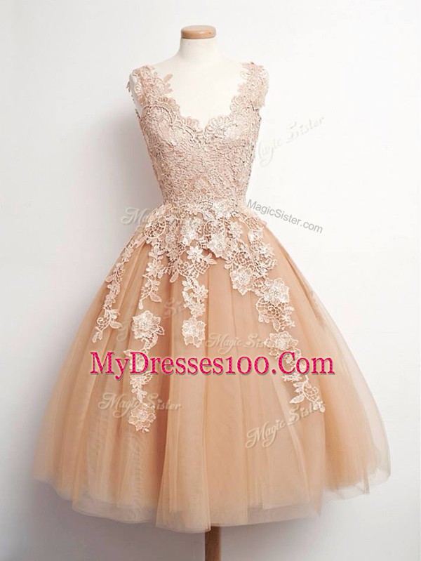Champagne Lace Up Bridesmaid Gown Lace Sleeveless Knee Length