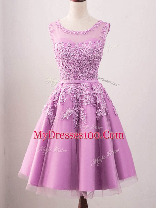 Custom Fit Lilac Tulle Lace Up Bridesmaids Dress Sleeveless Knee Length Lace
