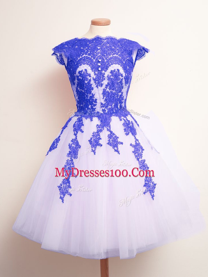 Designer Blue And White Lace Up Scalloped Appliques Court Dresses for Sweet 16 Tulle Sleeveless