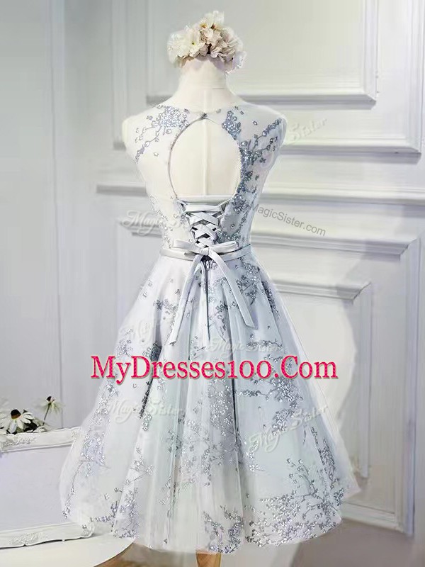 Pretty Grey Sleeveless Mini Length Lace and Appliques and Belt Lace Up Prom Evening Gown