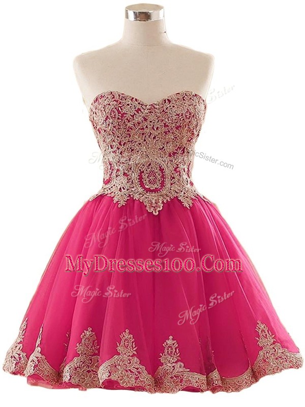 Hot Pink A-line Tulle Sweetheart Sleeveless Appliques Mini Length Lace Up Prom Dresses