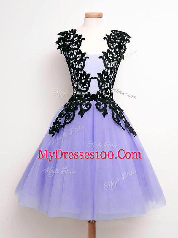 Nice Knee Length Lavender Quinceanera Court of Honor Dress Straps Sleeveless Lace Up