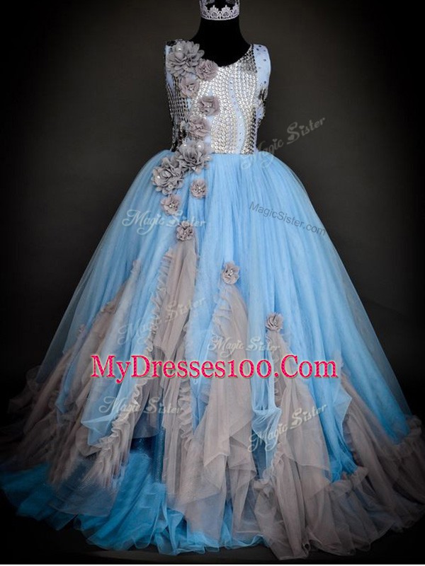 Light Blue Scoop Backless Sequins and Hand Made Flower Kids Pageant Dress Sleeveless