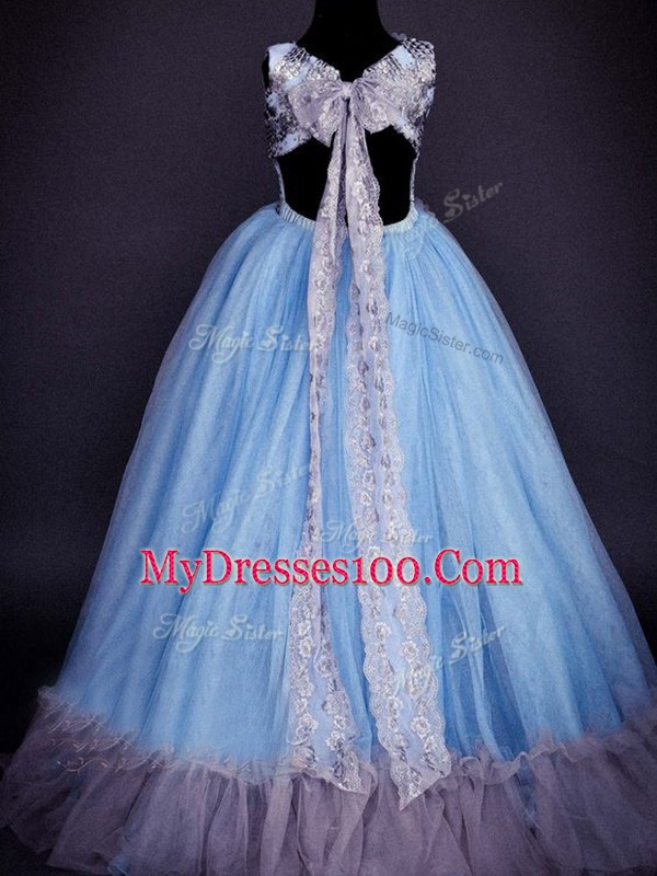 Light Blue Scoop Backless Sequins and Hand Made Flower Kids Pageant Dress Sleeveless