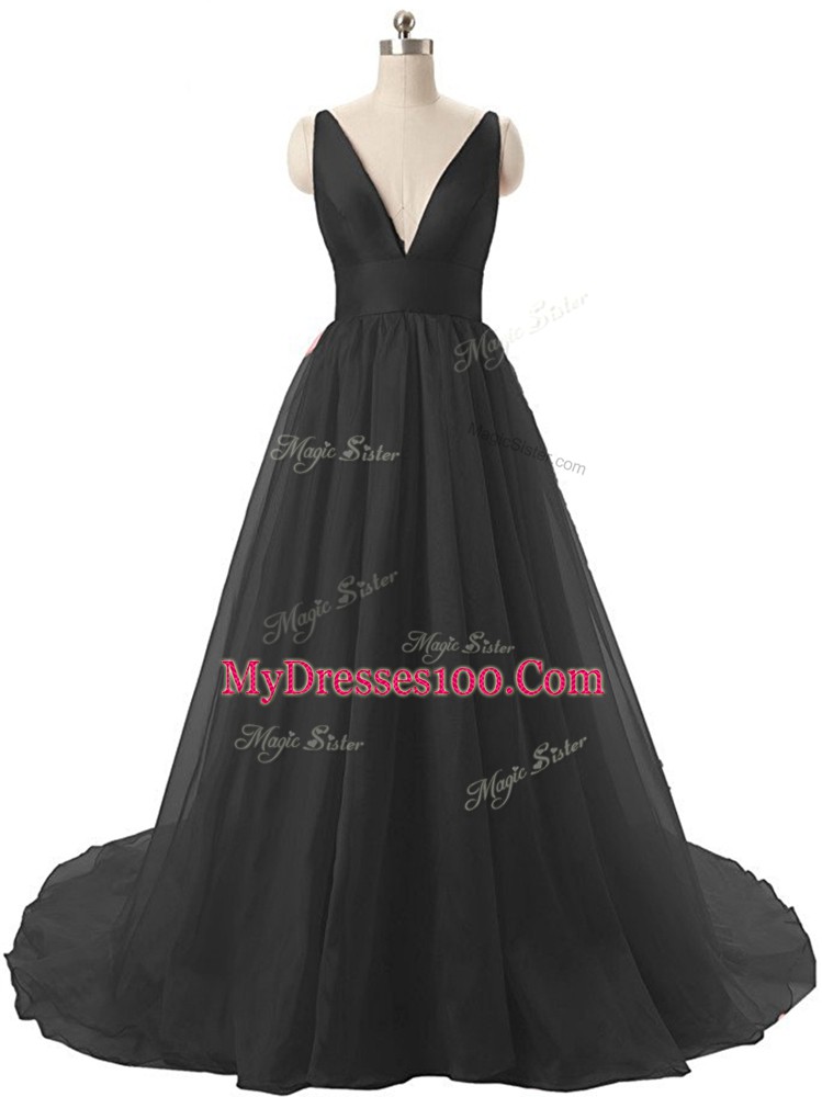 Organza V-neck Sleeveless Sweep Train Backless Ruching Prom Gown in Black