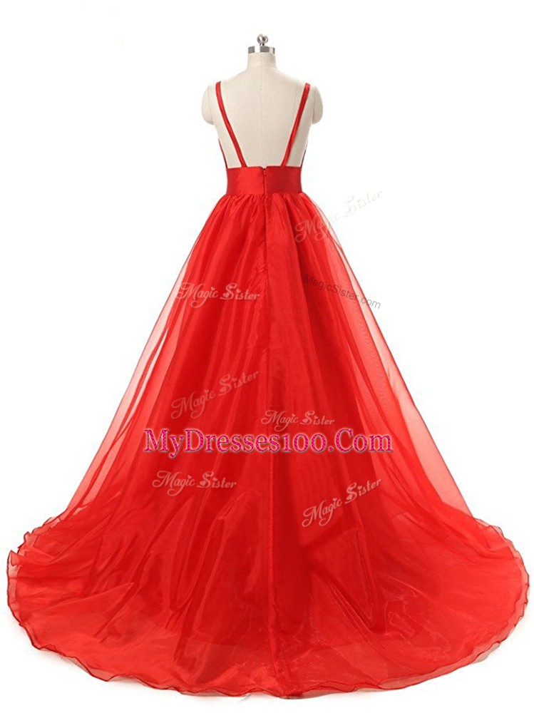 Organza V-neck Sleeveless Sweep Train Backless Ruching Prom Gown in Black