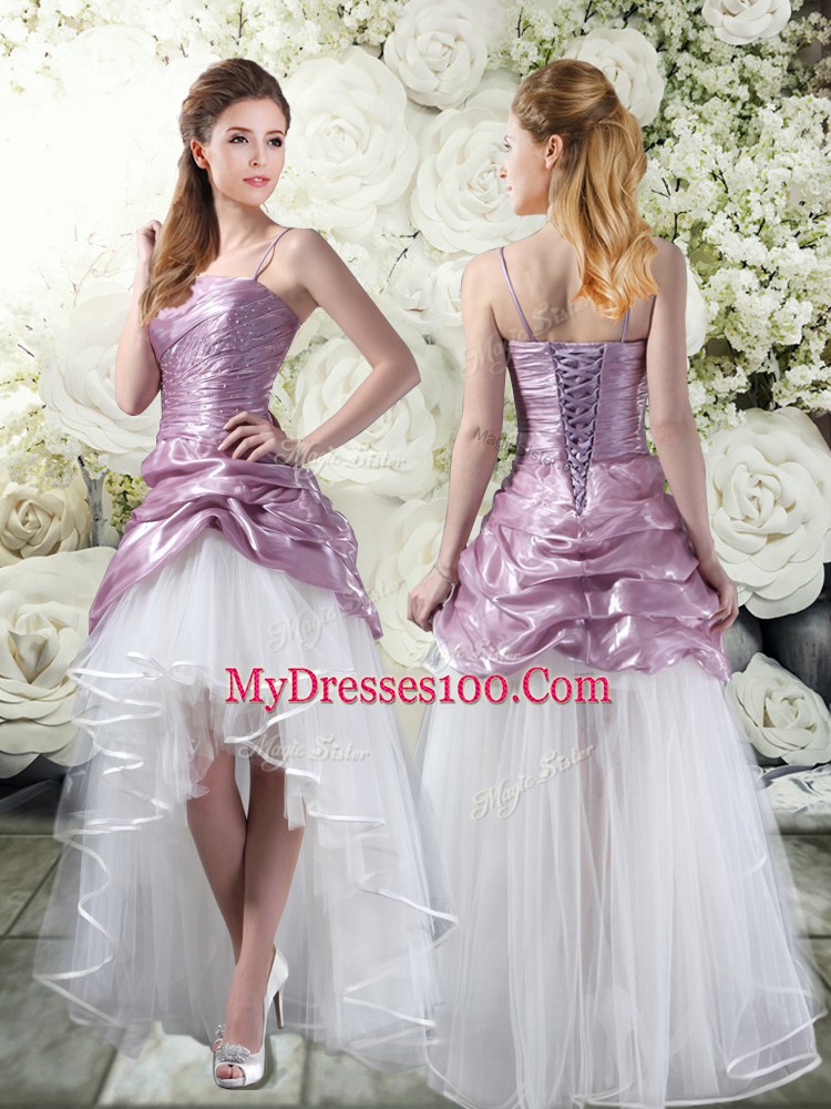 Shining White And Purple Sleeveless High Low Ruffles Lace Up Wedding Gown