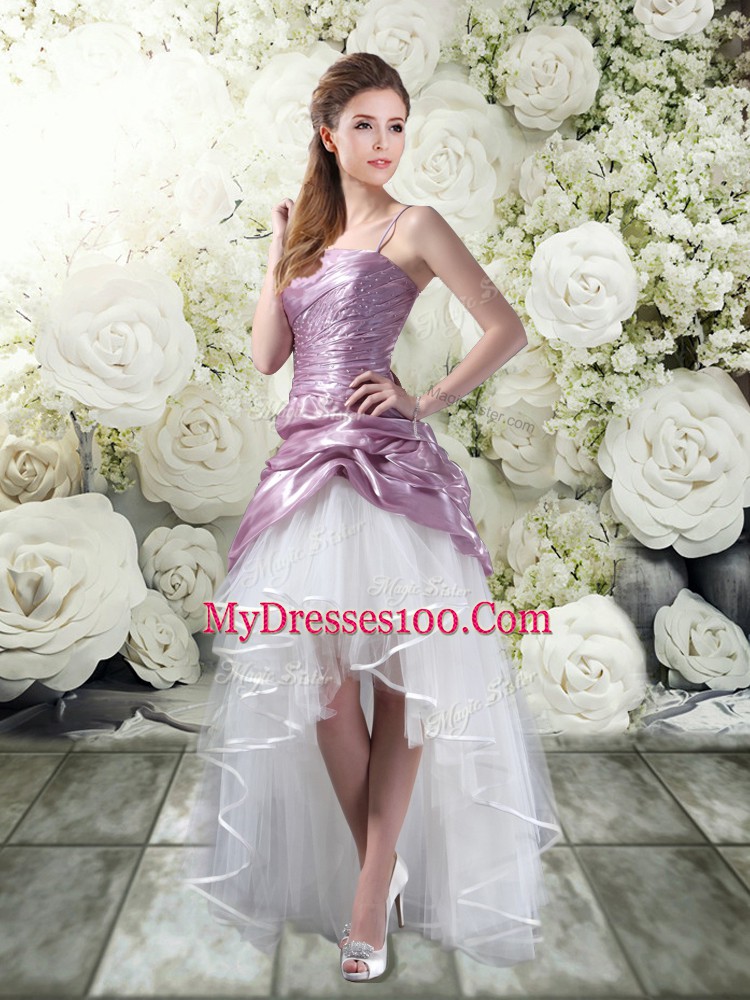 Shining White And Purple Sleeveless High Low Ruffles Lace Up Wedding Gown