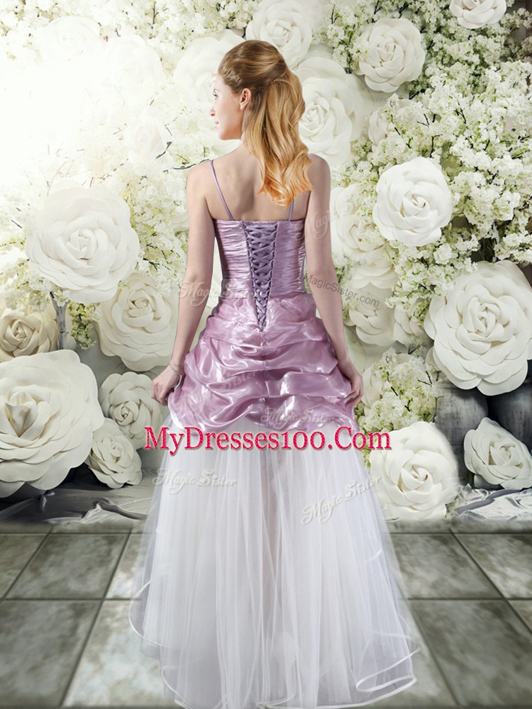 Shining White And Purple Sleeveless High Low Ruffles Lace Up Wedding Gown