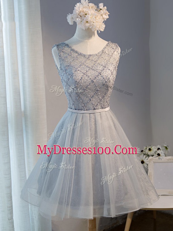 Tulle Scoop Sleeveless Lace Up Beading Prom Evening Gown in Grey