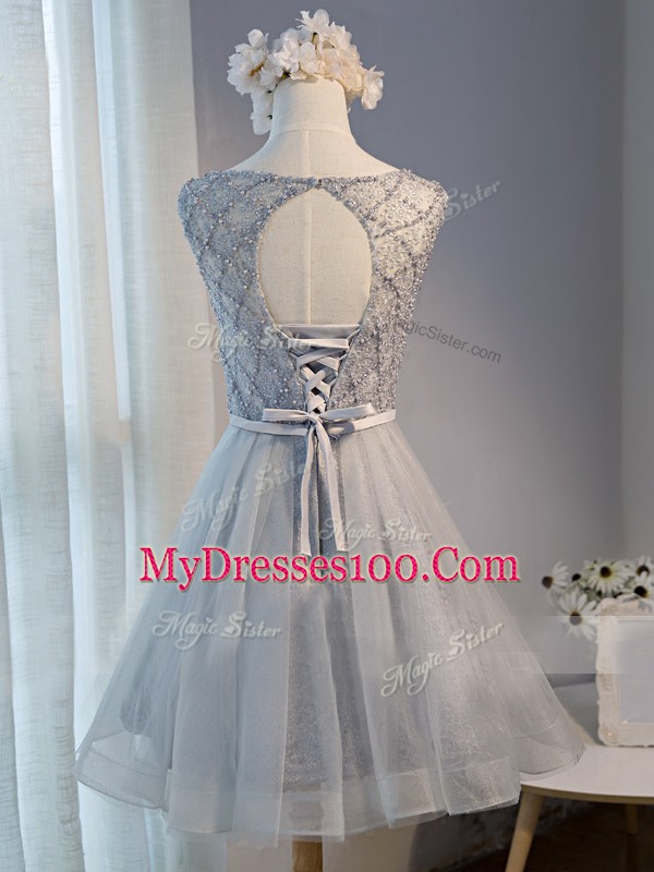 Tulle Scoop Sleeveless Lace Up Beading Prom Evening Gown in Grey