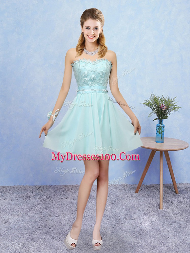 Sleeveless Mini Length Appliques Lace Up Court Dresses for Sweet 16 with Aqua Blue