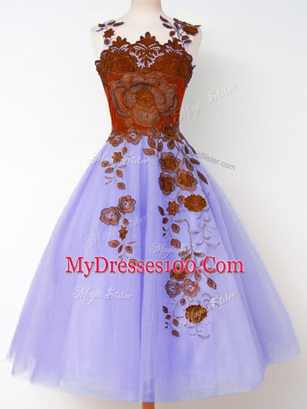 Appliques Vestidos de Damas Lavender Lace Up Sleeveless Knee Length