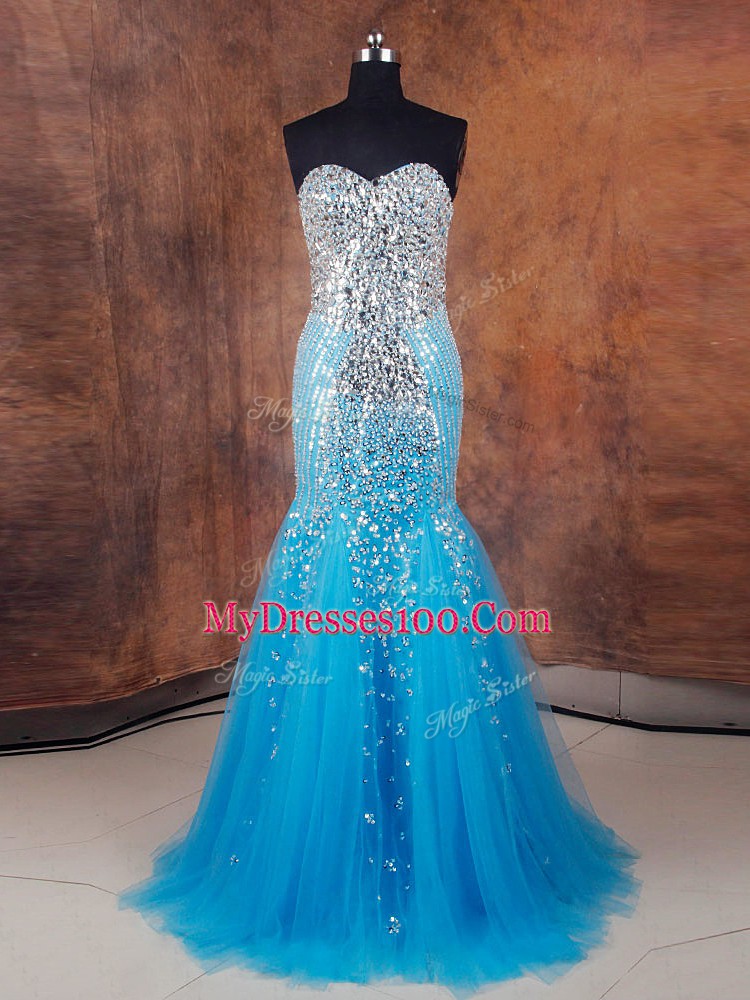 Baby Blue Tulle Lace Up Sweetheart Sleeveless Floor Length Pageant Dress Beading and Sequins