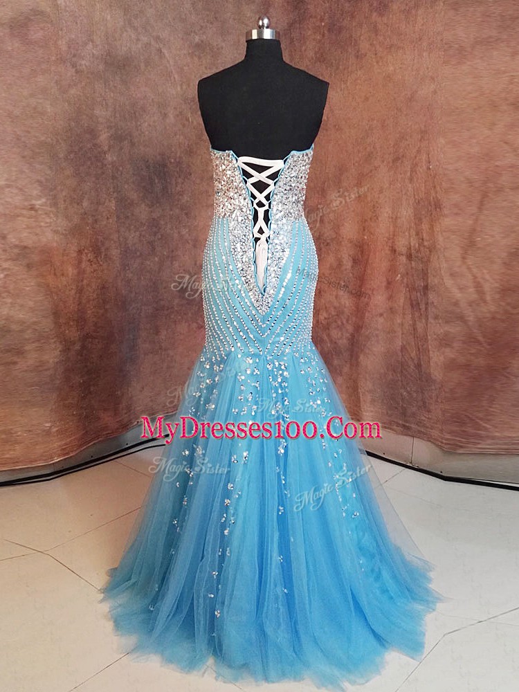 Baby Blue Tulle Lace Up Sweetheart Sleeveless Floor Length Pageant Dress Beading and Sequins
