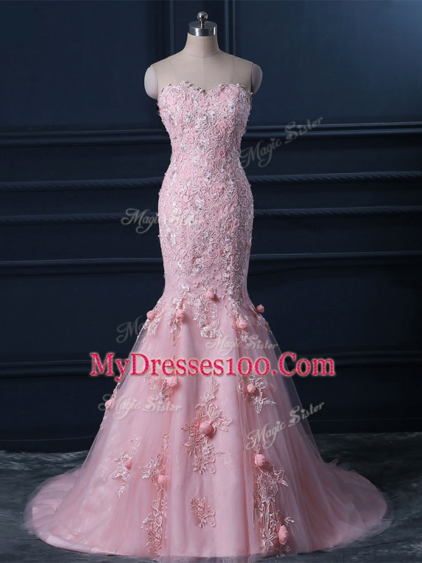 Lovely Mermaid Sleeveless Baby Pink Evening Dress Brush Train Lace Up