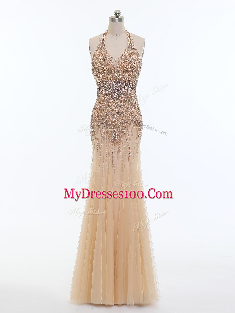 Tulle Halter Top Sleeveless Backless Beading Dress for Prom in Champagne