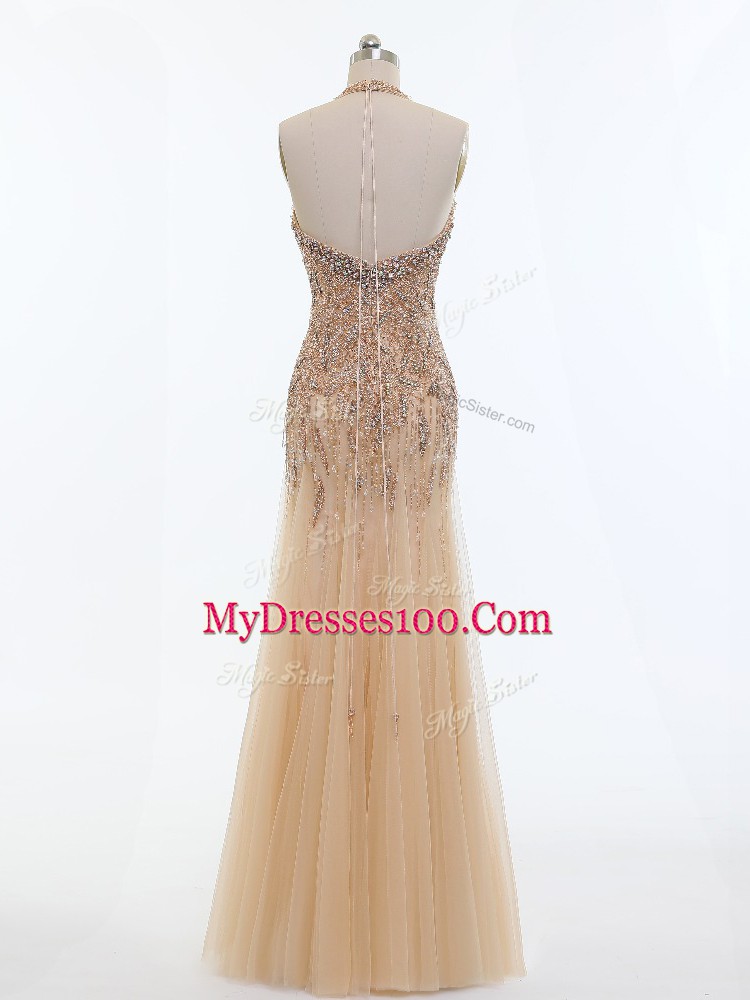 Tulle Halter Top Sleeveless Backless Beading Dress for Prom in Champagne