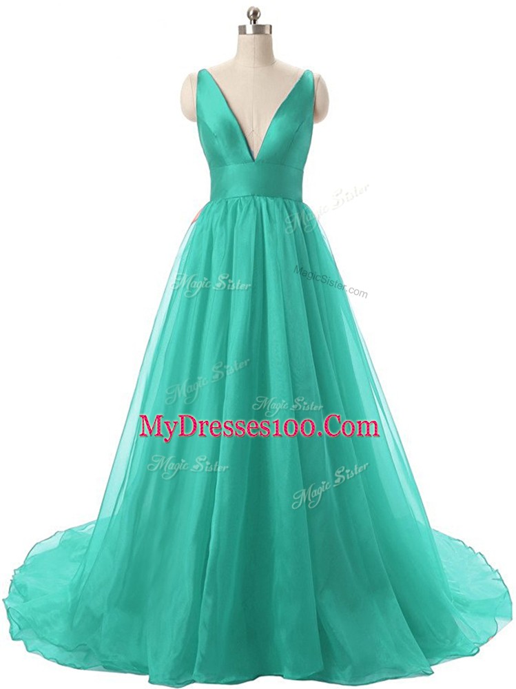 Turquoise V-neck Backless Ruching Prom Party Dress Brush Train Sleeveless