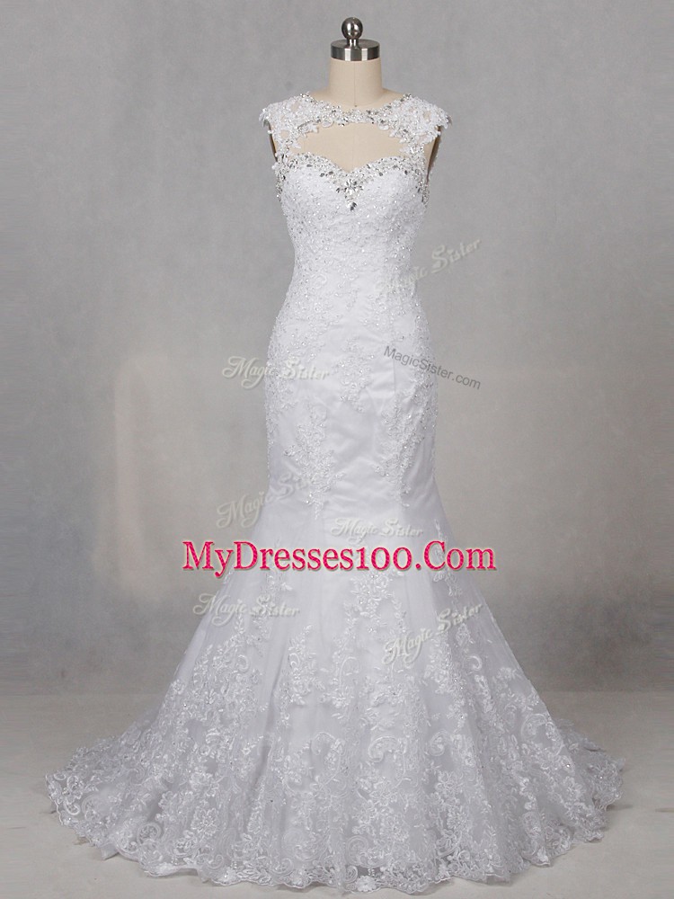 Scoop Sleeveless Wedding Gown Brush Train Beading and Lace White Tulle
