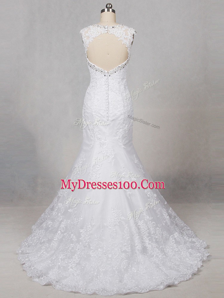 Scoop Sleeveless Wedding Gown Brush Train Beading and Lace White Tulle