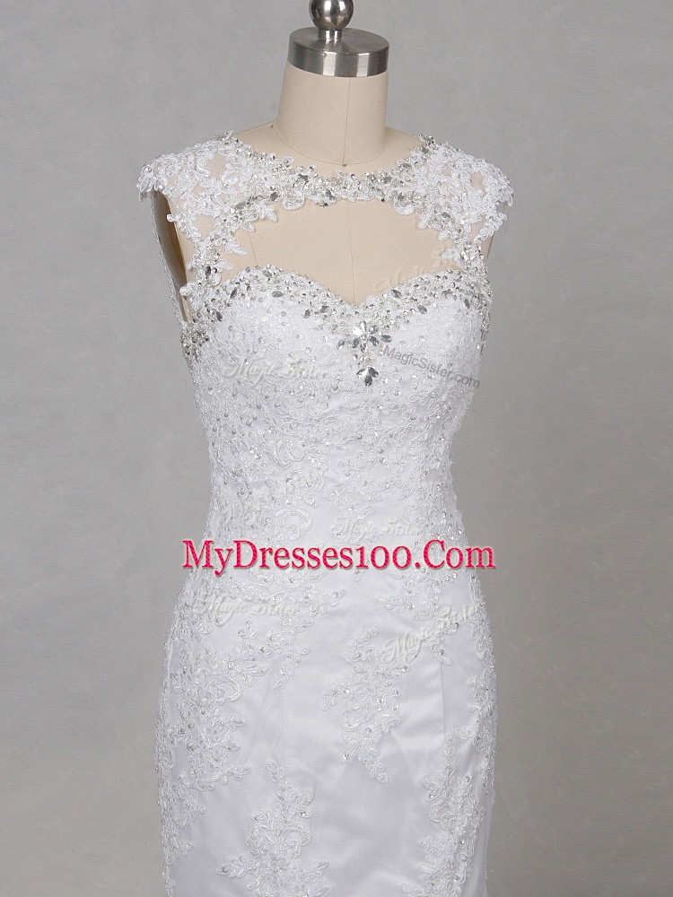 Scoop Sleeveless Wedding Gown Brush Train Beading and Lace White Tulle