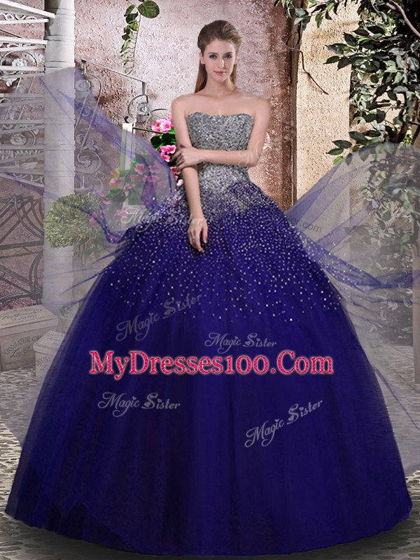Royal Blue Strapless Neckline Beading Sweet 16 Quinceanera Dress Sleeveless Lace Up