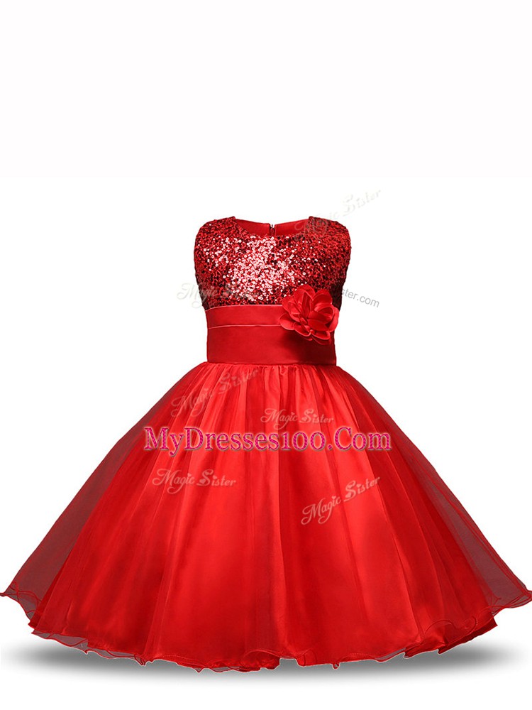 Fashion Knee Length Red Little Girl Pageant Dress Scoop Sleeveless Zipper