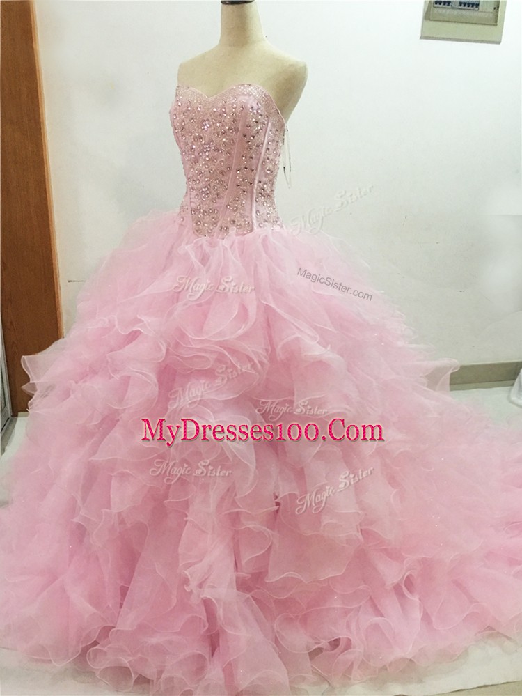 Extravagant Sweetheart Sleeveless Brush Train Lace Up Quinceanera Gown Baby Pink Organza