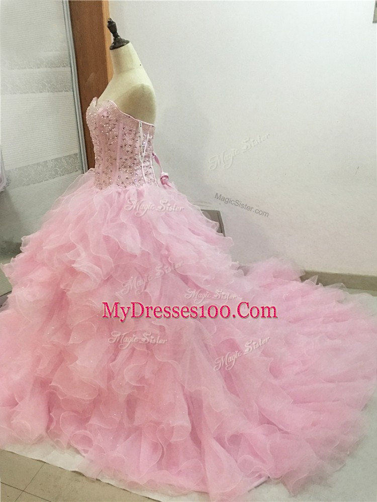 Extravagant Sweetheart Sleeveless Brush Train Lace Up Quinceanera Gown Baby Pink Organza