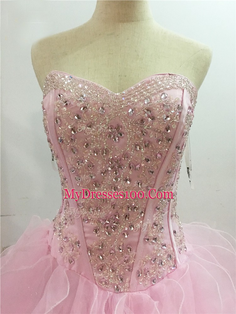 Extravagant Sweetheart Sleeveless Brush Train Lace Up Quinceanera Gown Baby Pink Organza
