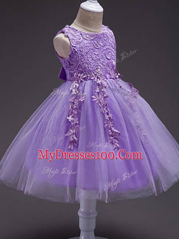 Custom Fit Lavender Tulle Zipper Little Girls Pageant Gowns Sleeveless Knee Length Lace and Belt