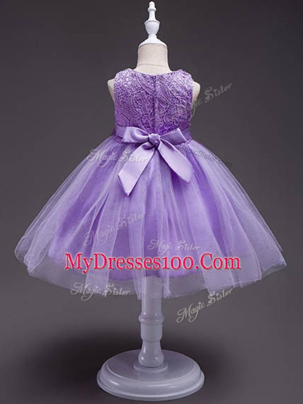 Custom Fit Lavender Tulle Zipper Little Girls Pageant Gowns Sleeveless Knee Length Lace and Belt