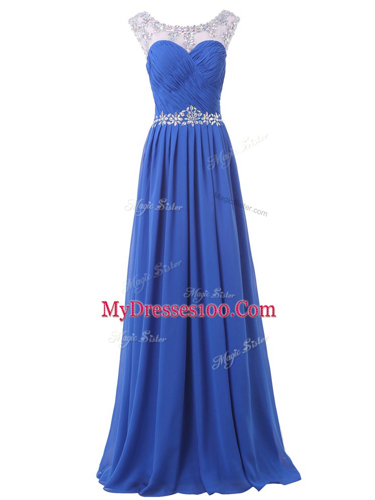 Fantastic Blue Empire Scoop Sleeveless Chiffon Floor Length Sweep Train Side Zipper Beading Dress for Prom